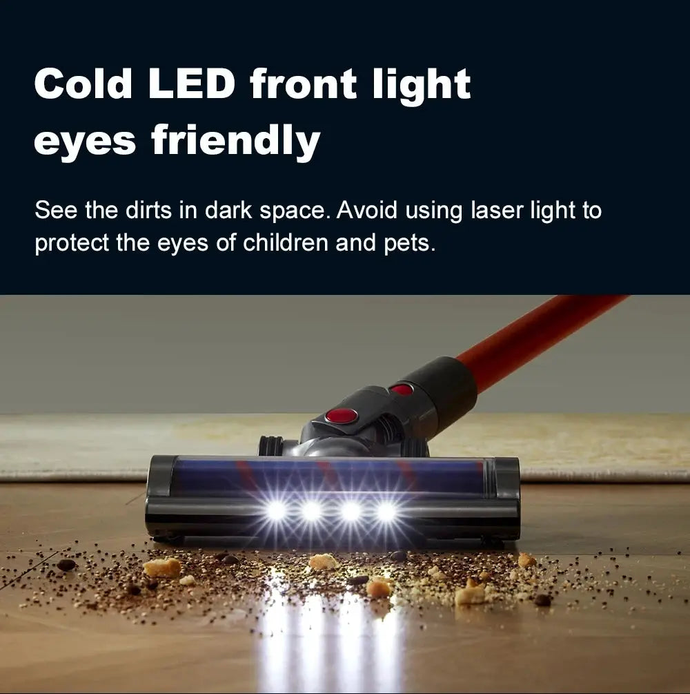 ABIR VC205 cordless handheld vacuum cleaner by Simples Market, black with red accents and front LED lights.