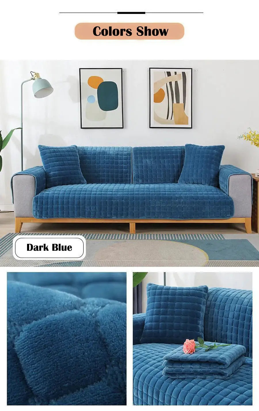 Dark blue velvet sofa cover set with quilted grid pattern and matching cushions on a living room sofa