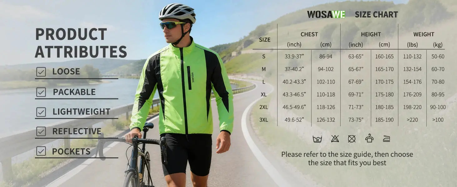 WOSAWE men's neon green windproof water-repellent reflective cycling jacket, long sleeve