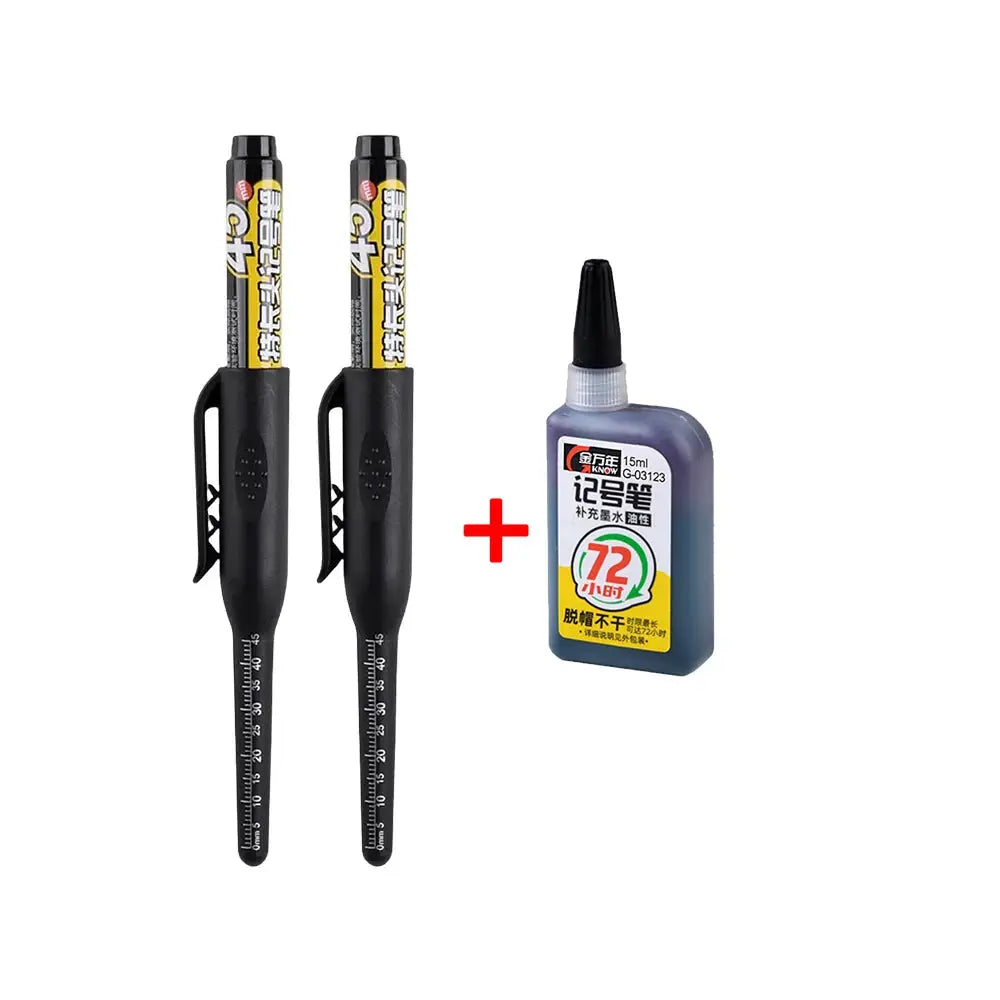 Simples Market two 45mm waterproof deep-hole marker pens with long nibs, black, rulers; bundle with glue bottle