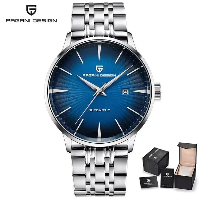 Pagani Design men's automatic watch with blue dial and stainless steel bracelet, date window, with 3 boxes.