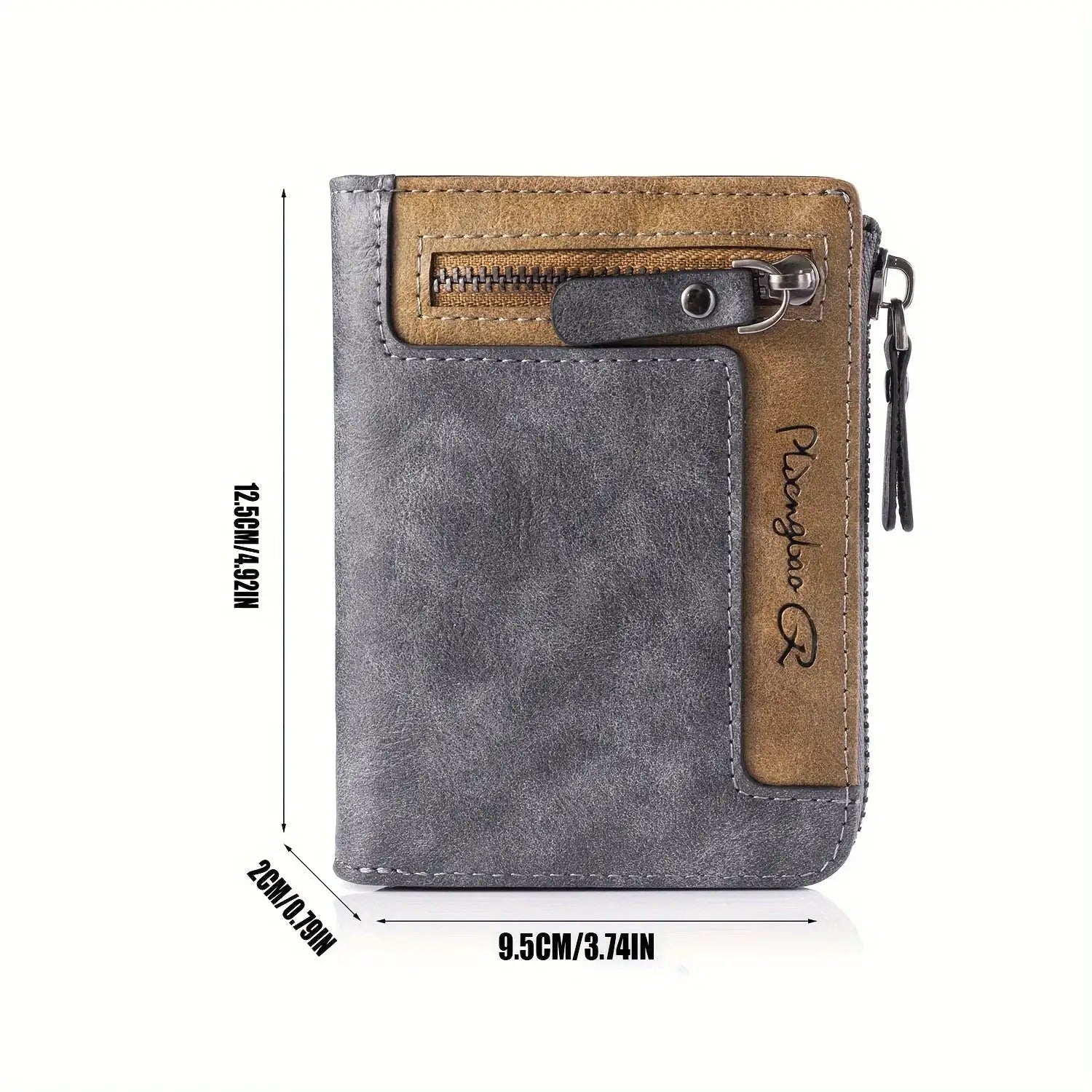 Simples Market men's retro short wallet with zipper coin pocket in gray and brown PU leather; compact card holder.