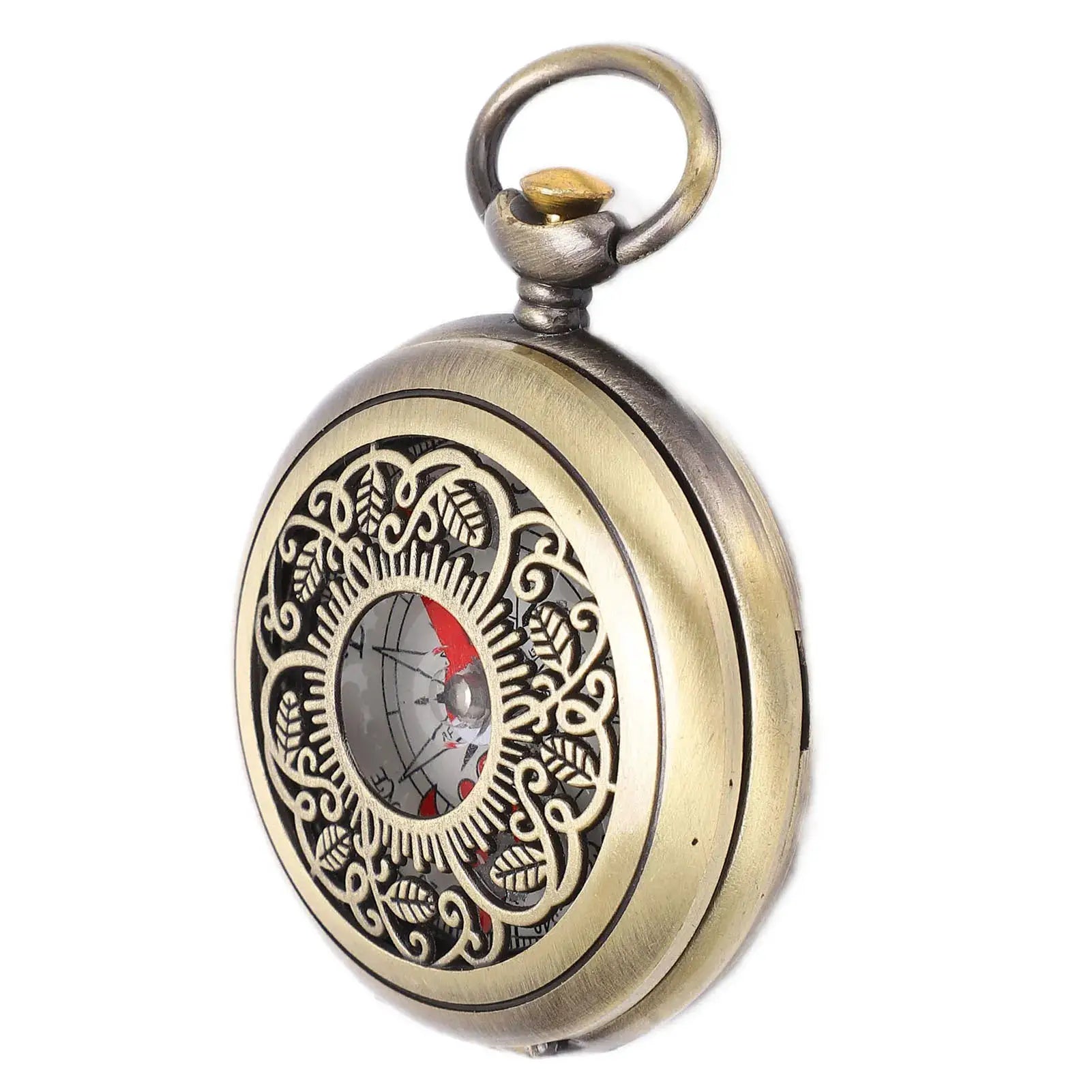 Brass pocket compass for outdoor camping, ornate lattice filigree cover, gold-tone finish