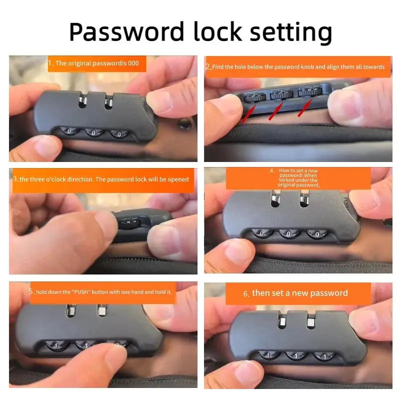Stylish men's sling bag password lock setup collage (6 frames) showing a 3-dial combo lock on the zipper