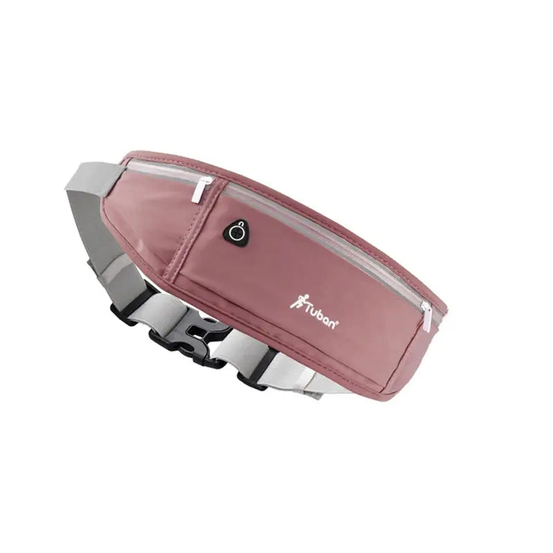 Waist pack pink waterproof running belt with grey adjustable strap, zipper pocket, and front logo visible