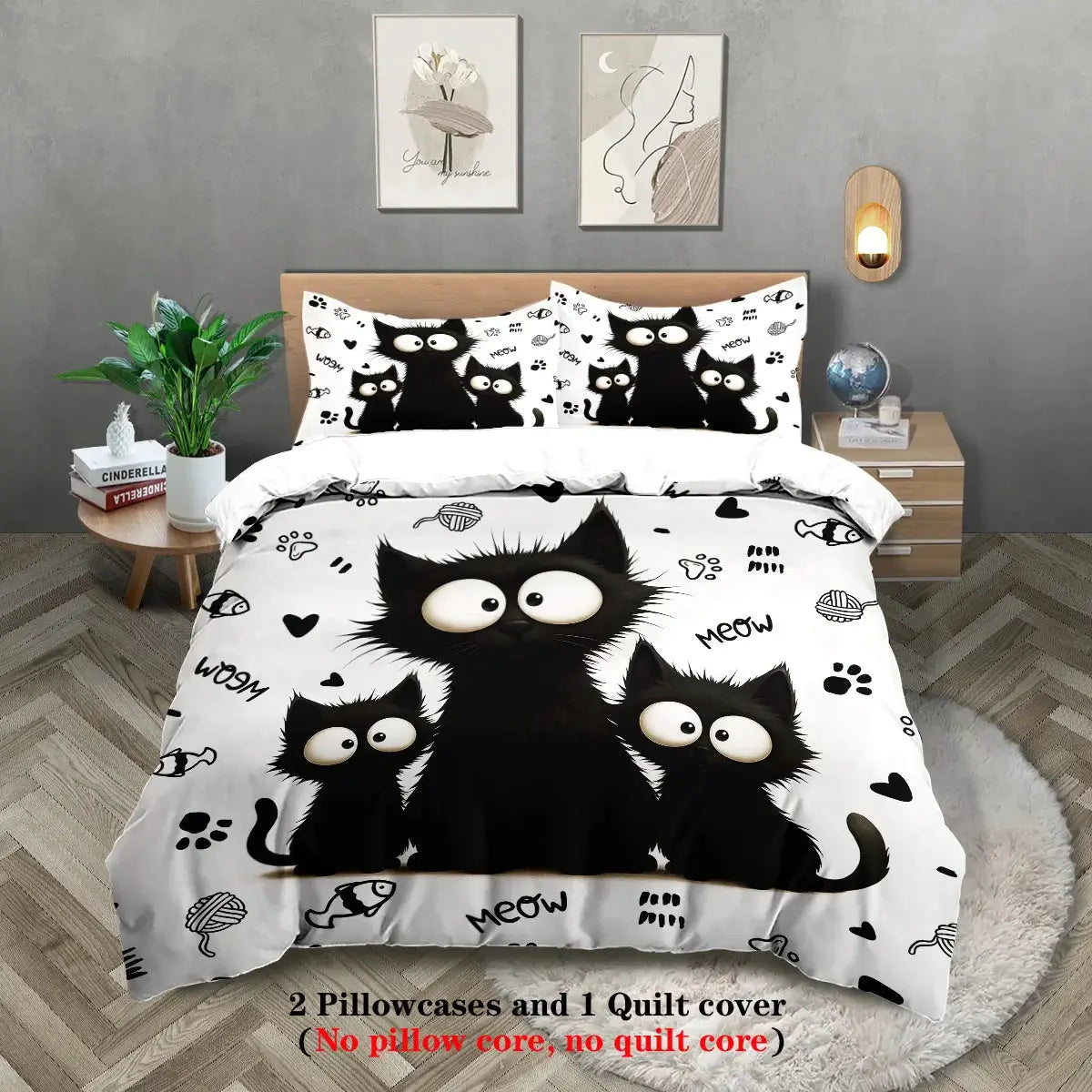 3pc black cat printed bedding set with duvet cover and 2 pillowcases on white background, machine washable