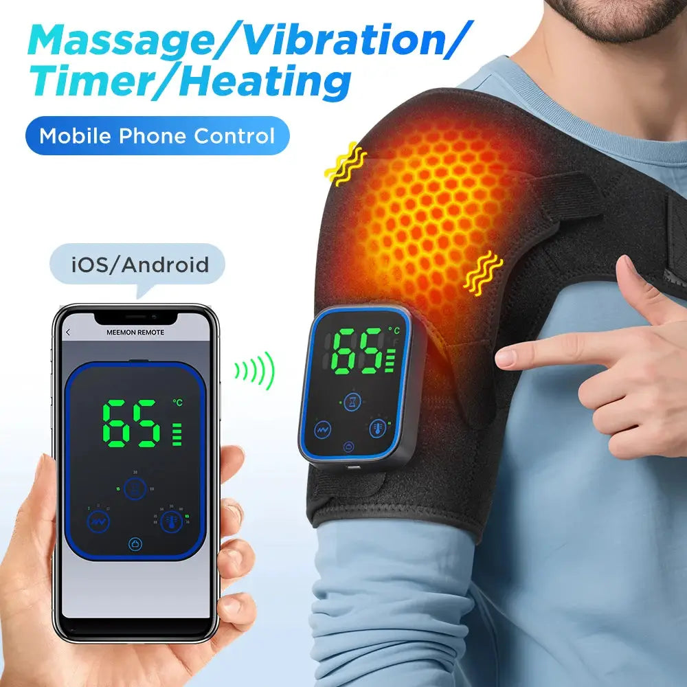 Electric heating shoulder brace by Simples Market with adjustable strap and mobile app control for iOS/Android.