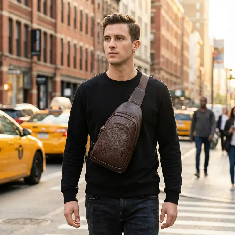 Simples Market men's genuine top-grain brown leather chest bag, large-capacity crossbody