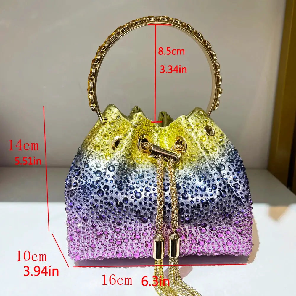 Rhinestone evening clutch bag with gradient yellow to pink, gold circular handle, crystal-dotted purse