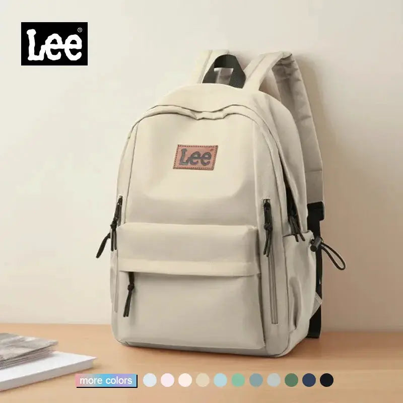 LEE Lightweight 16-inch laptop backpack in beige Oxford fabric with front pocket and multiple zippers