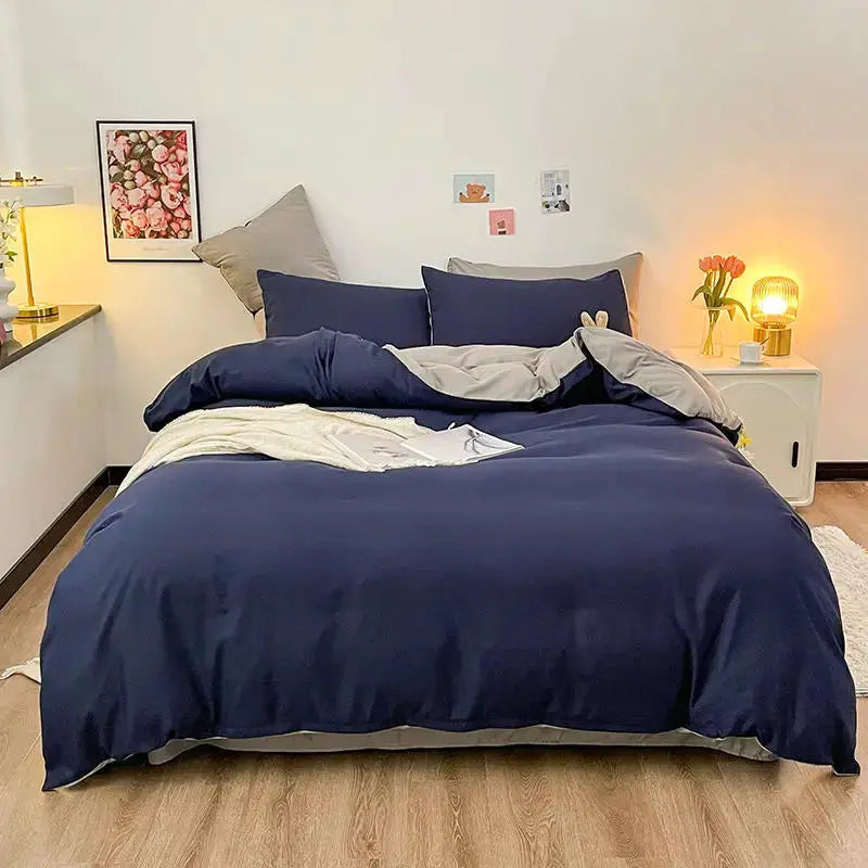 Duvet cover dark gray for double/queen/king bed; navy pillow ensemble on a neatly made bed