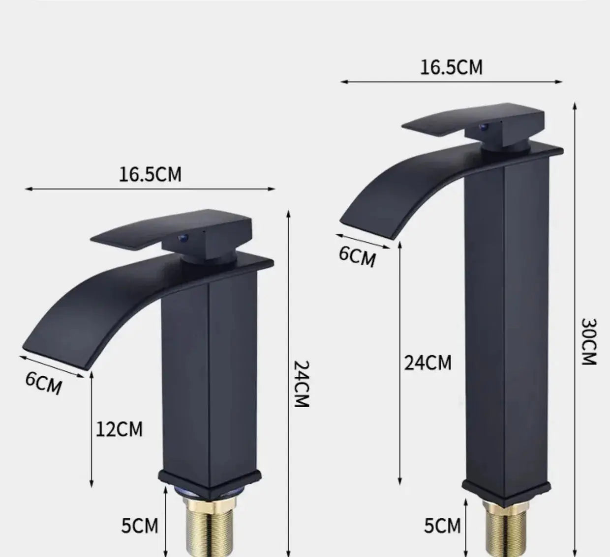 Waterfall wash basin faucet set in black stainless steel, Simples Market, 2 high/low taps