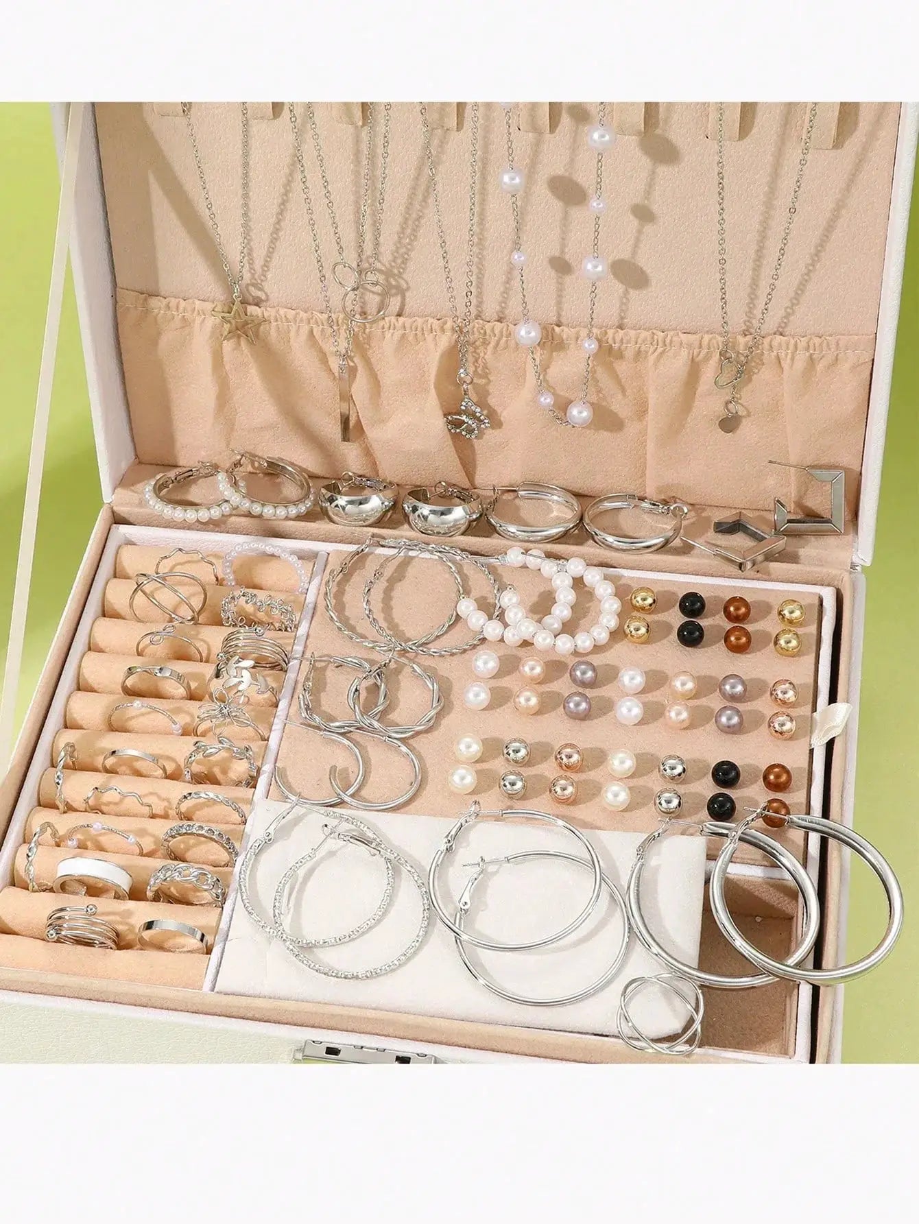 86 Piece Set Elegant Pearl Earrings Multi Layered Necklace Ear Studs Rings 4 In 1 Jewelry Set For Women Daily Wear Gift