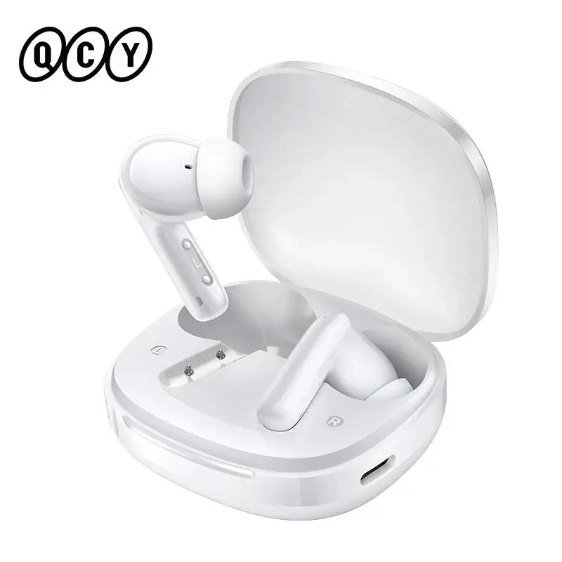 QCY T13 Pro wireless earbuds in white with charging case; QCY logo visible.