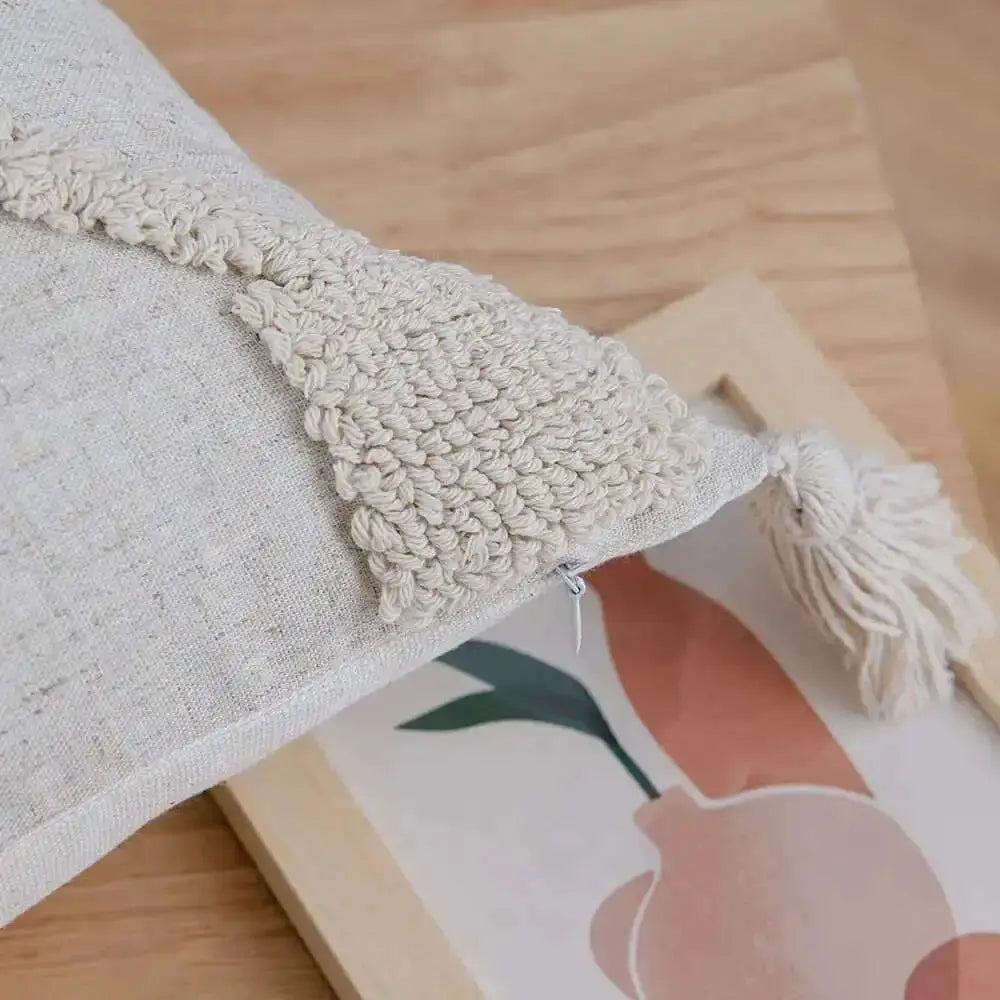 Boho linen cushion cover 45x45cm beige with tassel fringe by Simples Market for living room decor