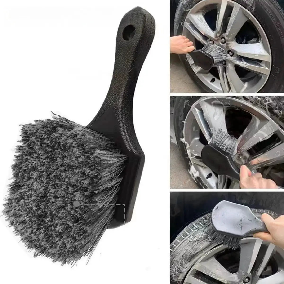 Car wheel cleaning brush by Simples Market with short black handle and dense gray bristles.