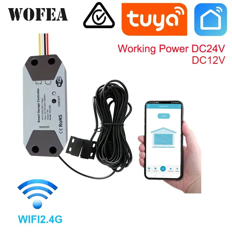 Wofea WiFi Smart Garage Door Controller, 12/24V, Tuya-enabled, works with Alexa and Google Home