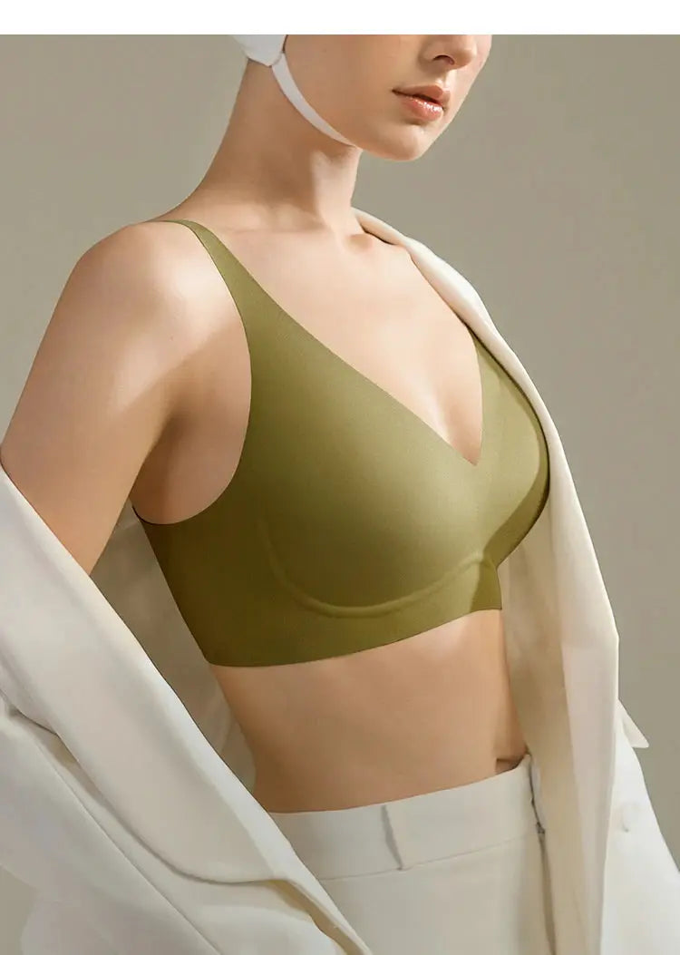 SUJIIN olive green seamless wireless bra with V-neck and smooth cups