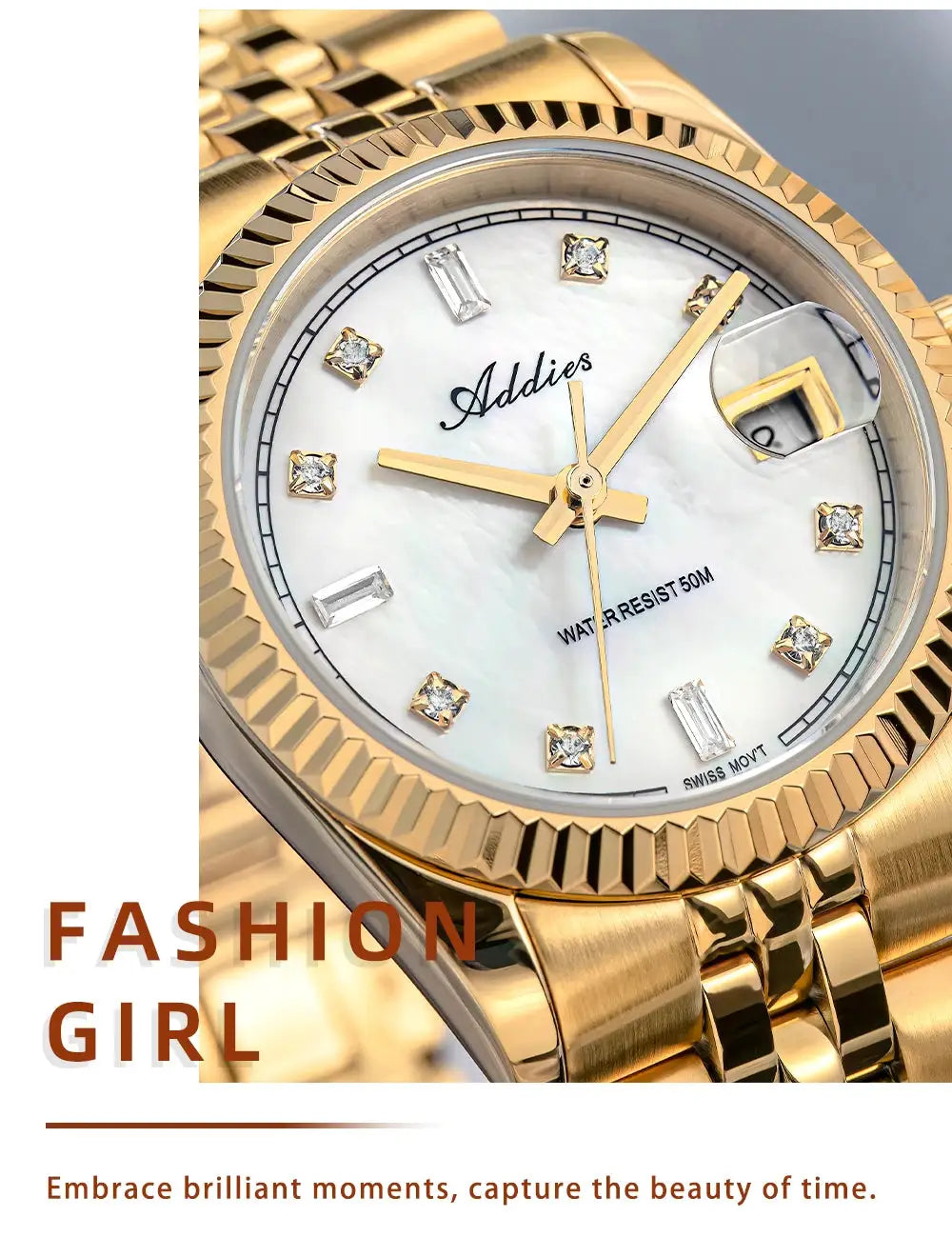 ADDIES women's watch, gold-tone stainless steel with sapphire glass, mother-of-pearl dial and crystal markers, 50m WR