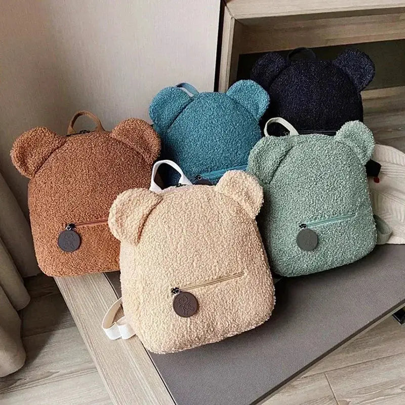 Bear-ear fleece small backpacks set for kids, six colors, soft lambswool texture