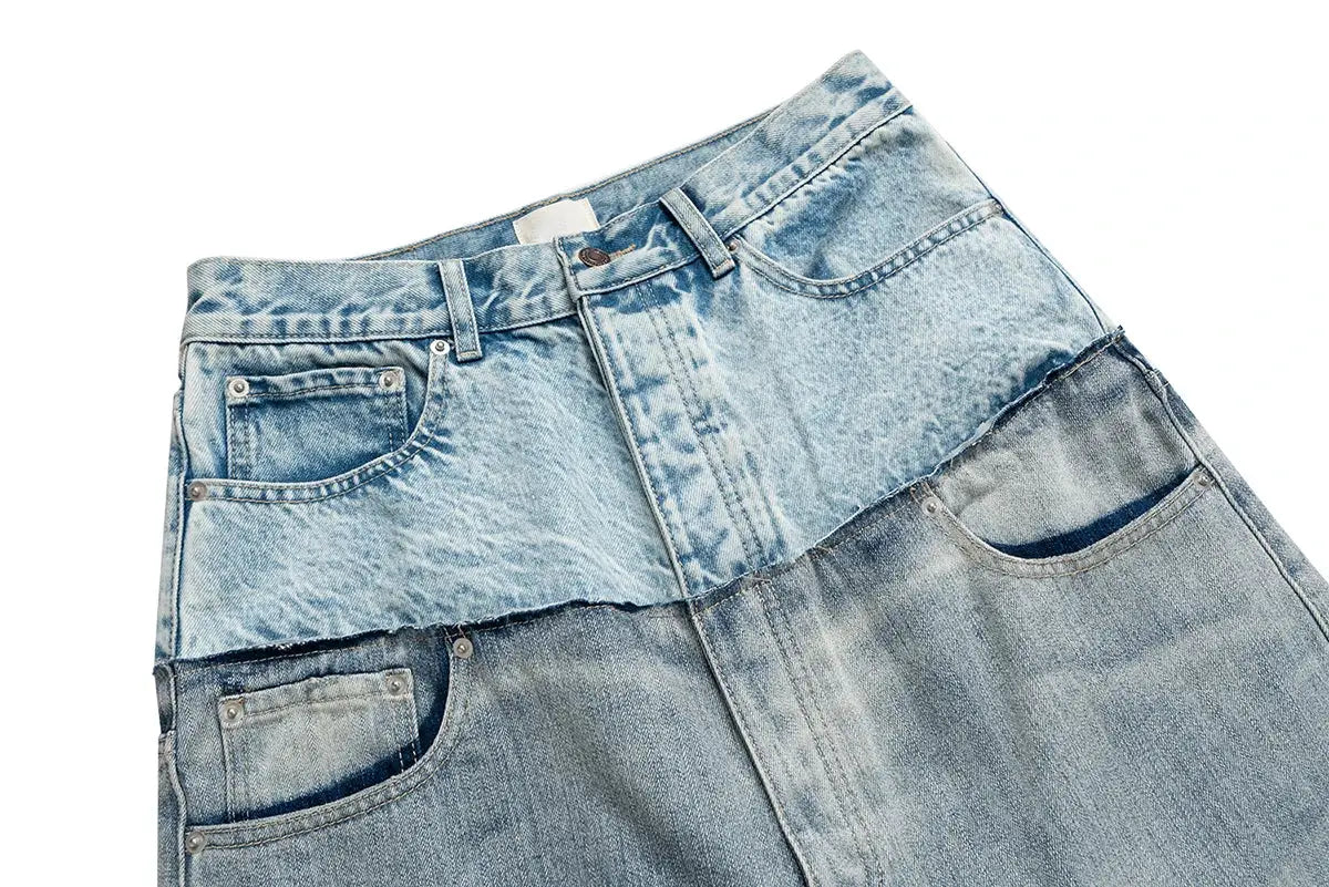 CUT-UP double-layer patchwork baggy jeans by Simples Market in light and dark denim