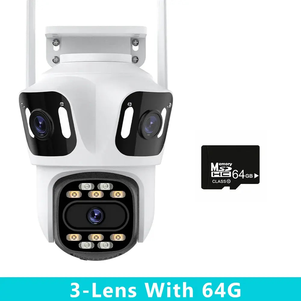 Three-lens PTZ IP outdoor security camera, white body with black lens housings, includes 64GB card