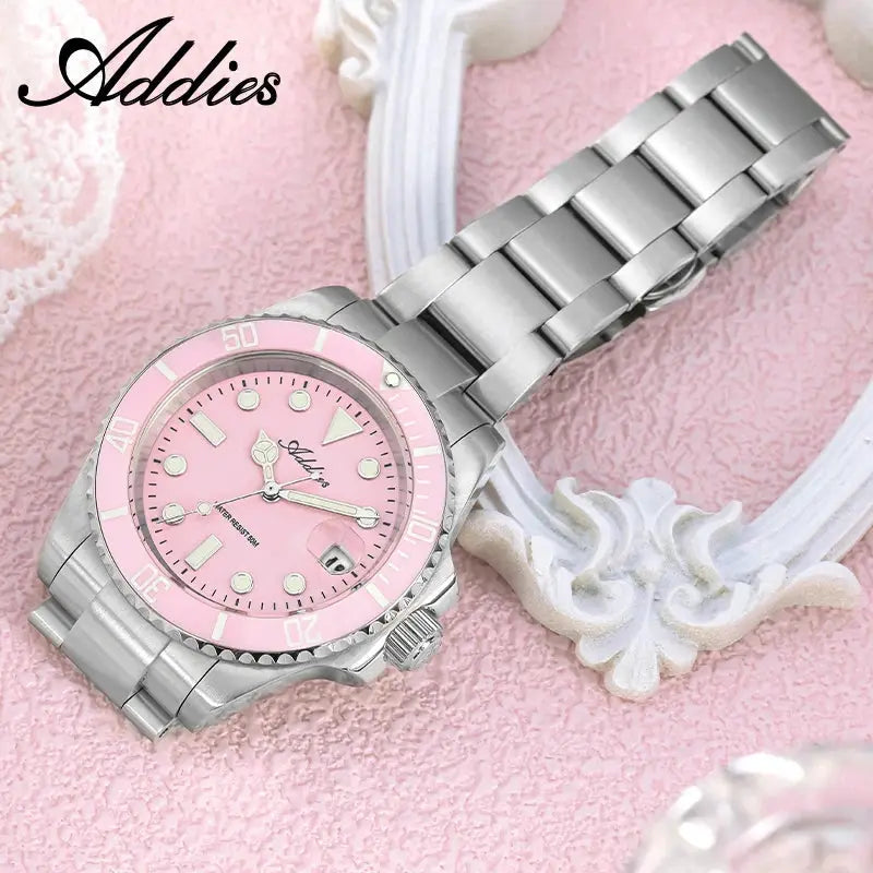 Addies women's stainless steel watch with pink dial, ceramic pink bezel, luminous markers, 50m water resistant