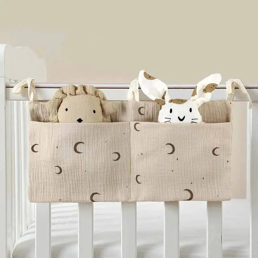 Two Pocket Baby Bedside Hanging Storage Bag Attaches to Crib Stroller Breathable Cotton Organizer for Diapers and Toys