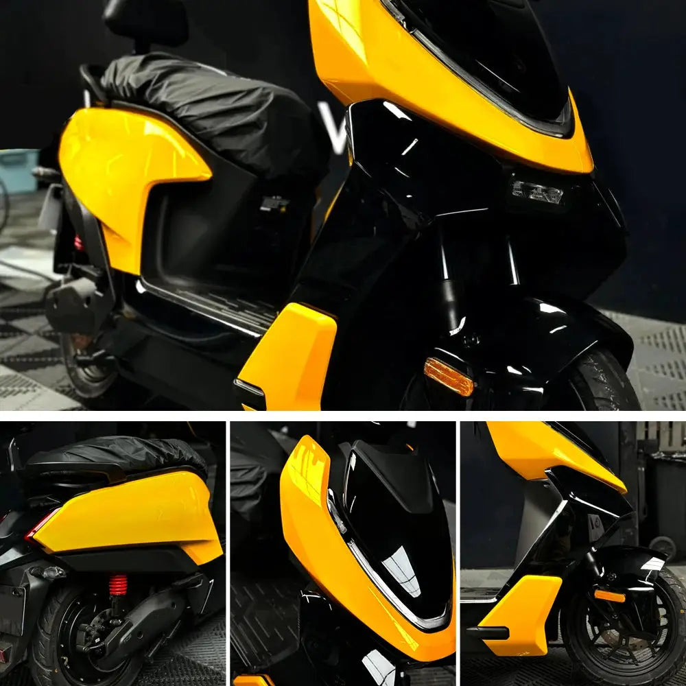 Glossy yellow vinyl wrap film for cars and motorcycles, waterproof DIY auto tuning decal; shown on a scooter.