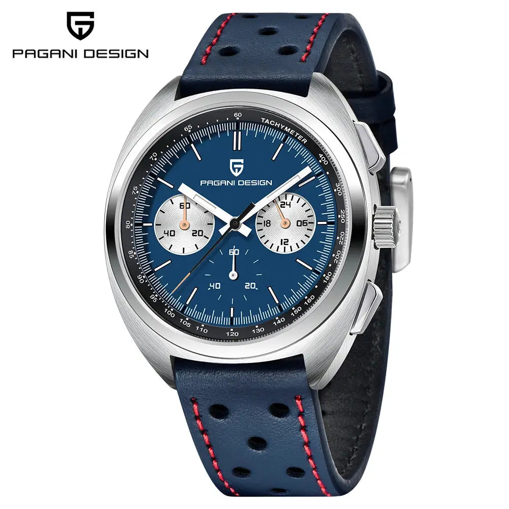 Pagani Design men's chronograph watch with blue dial, stainless steel case and blue perforated leather strap