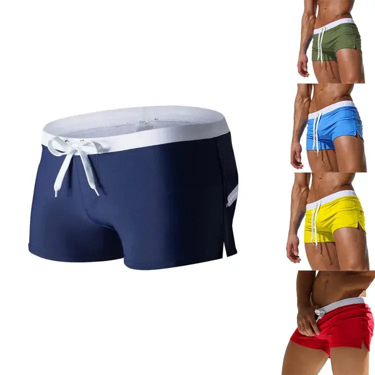 Men's navy swim shorts with white drawstring; 5 color options shown: green blue yellow red; quick-drying beach trunks