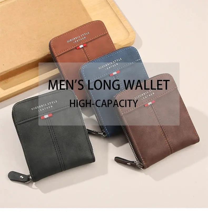 Set of four DIZORIS STYLE LEATHER men's long wallets in black, blue, and brown with zippers