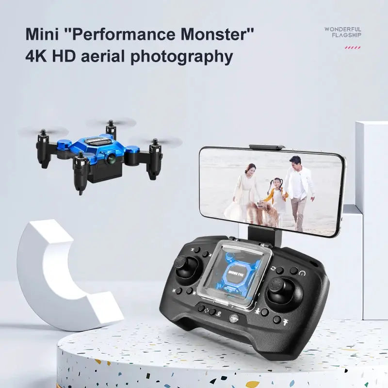 K04 mini folding drone from Simples Market in blue with black arms; drone and remote controller with phone mount