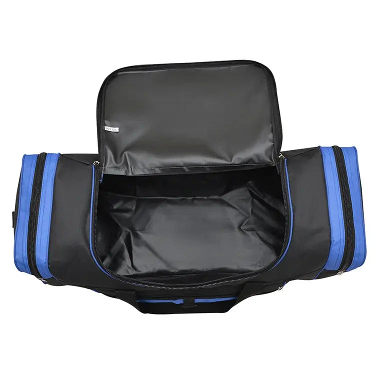 Oversized handbag; black body with blue zippers and open main compartment for travel and fitness