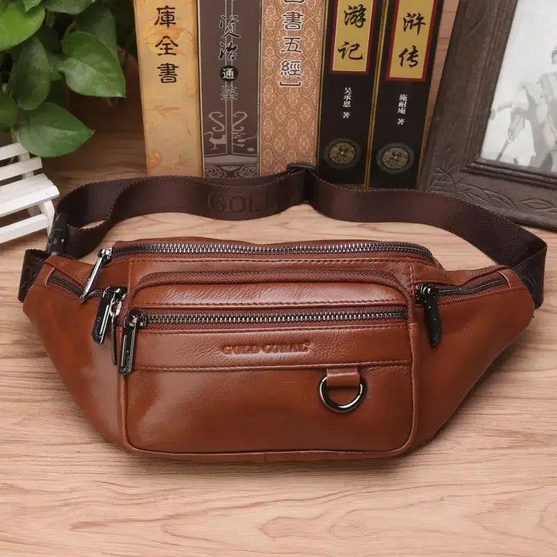 Genuine leather waist bag by Simples Market, brown crossbody fanny pack with multiple zip pockets