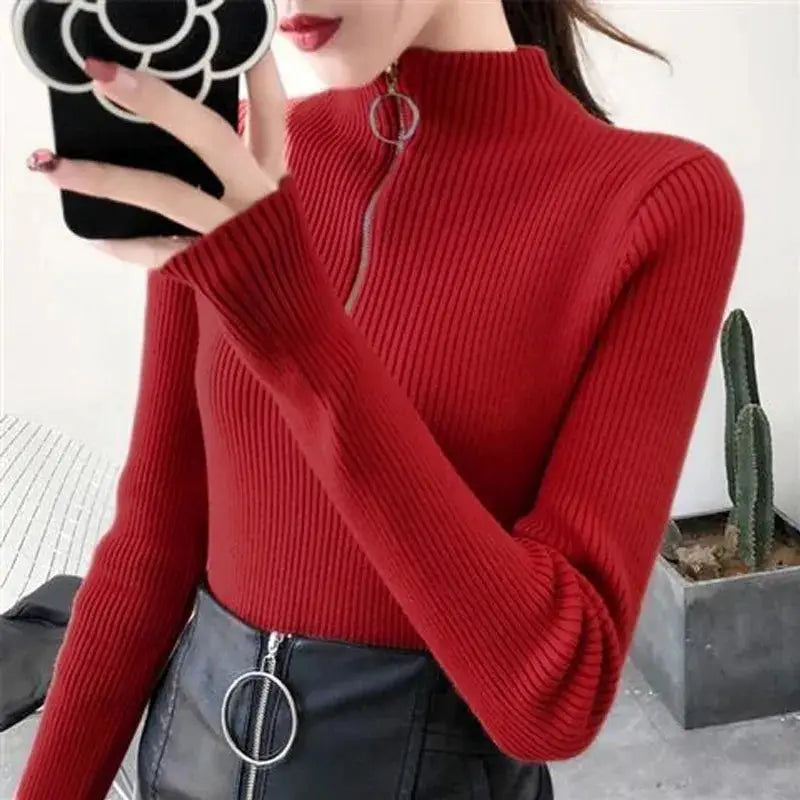 TrendWeave Zipper Half High Neck Knit Sweater Pullover For Women Autumn Winter Slim Solid Knitwear