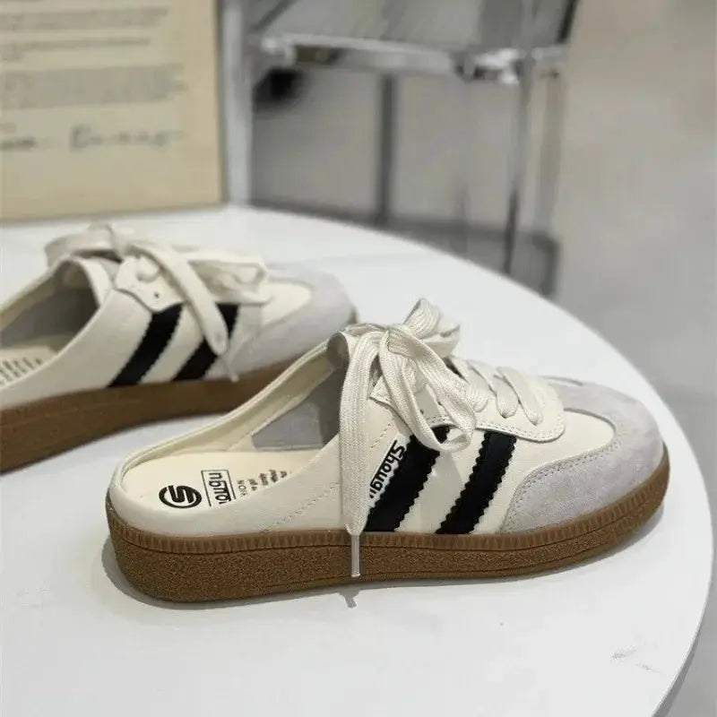 Women’s casual lace-up sneakers with cream upper, black stripes, suede toe, brown sole, Simples Market