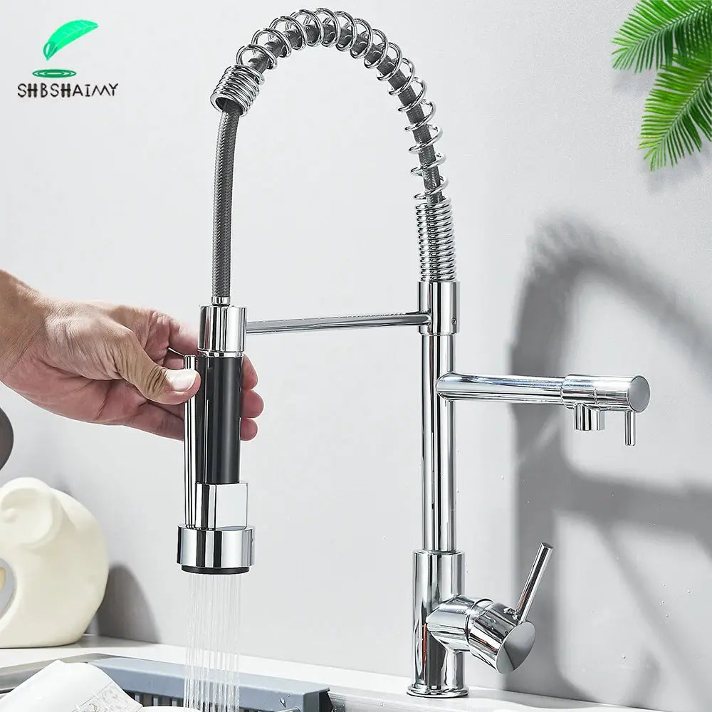 Simples Market chrome pull-down kitchen faucet with spring coil hose, dual swivel spout, deck-mounted