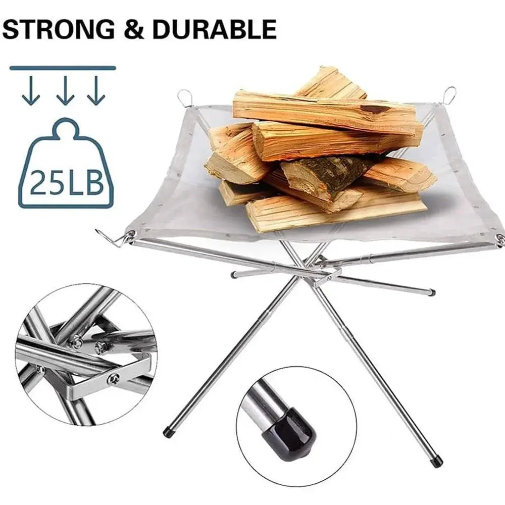 Simples Market outdoor portable fire pit rack with stainless steel foldable frame and mesh surface, 25 lb capacity