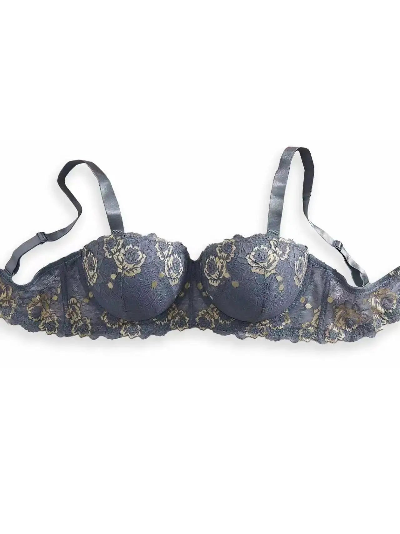 Plus size wide-strap lace and embroidery push-up bra by Simples Market in gray-blue