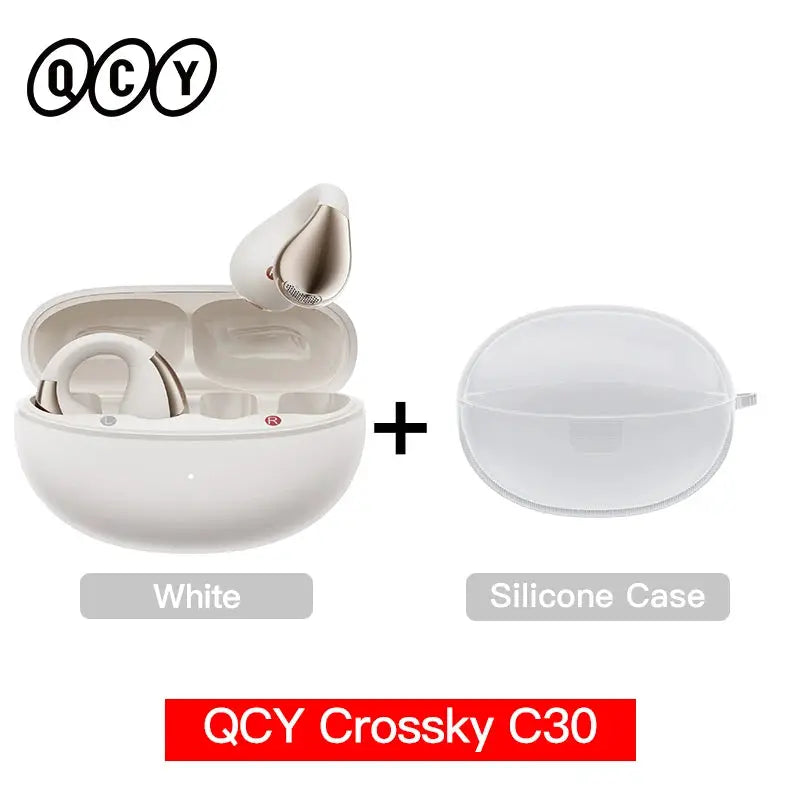 QCY Crossky C30 ear clip wireless earbuds in white with silicone case; 2 items shown