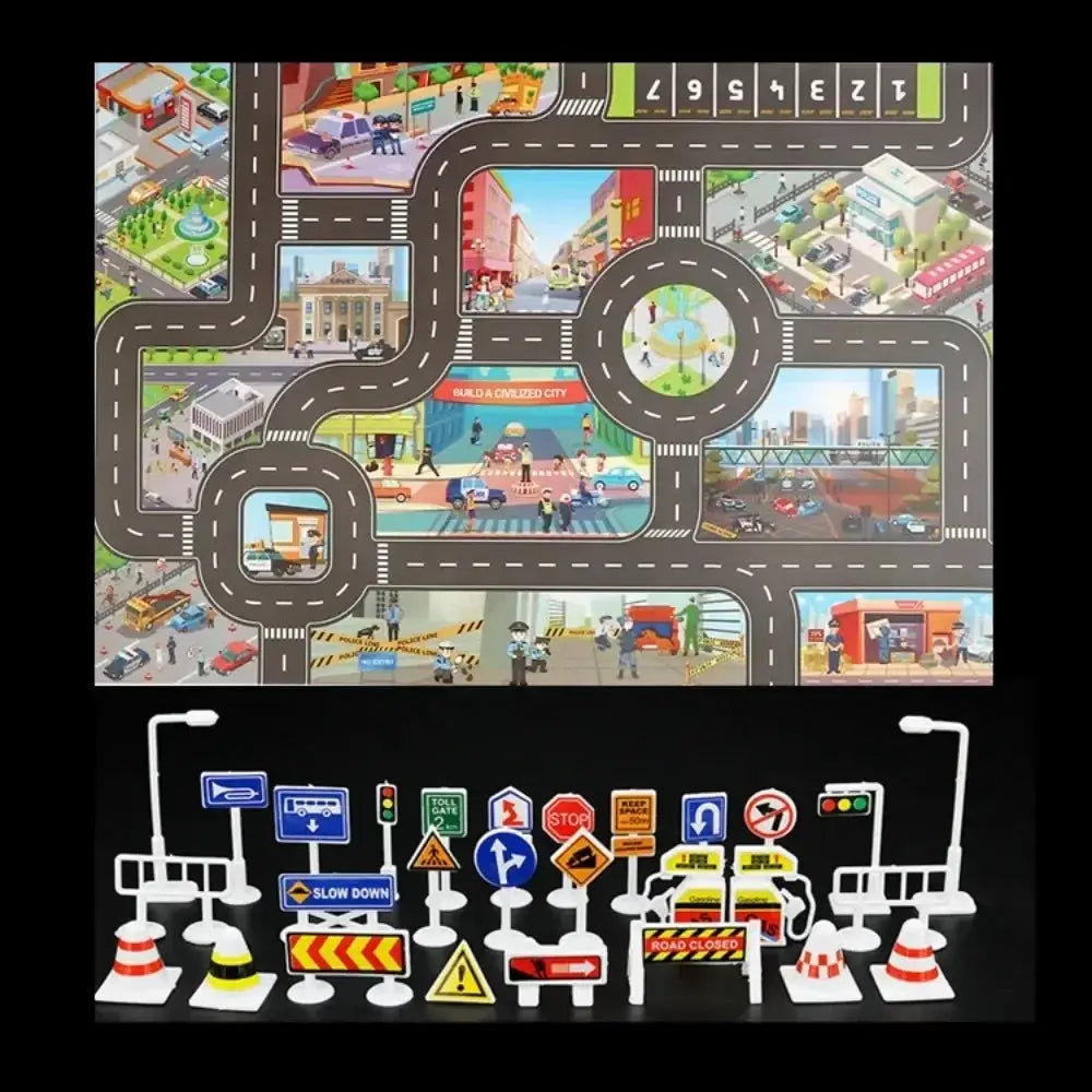 City Traffic Road Map Play Mat For Toddlers With Roads Buildings Parking Lots And Traffic Signs
