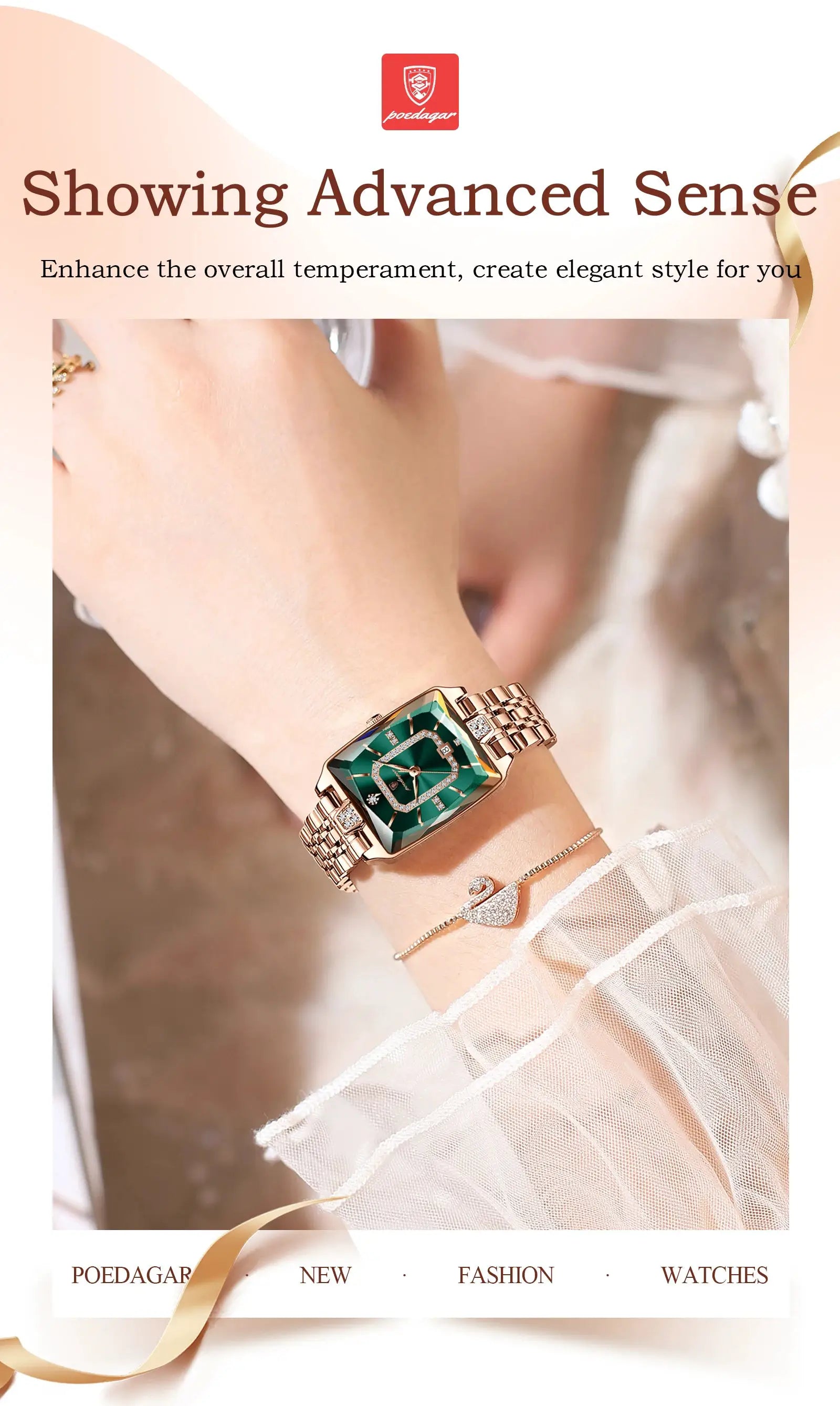 POEDAGAR women's luxury watch with emerald green square dial and rose-gold stainless steel bracelet
