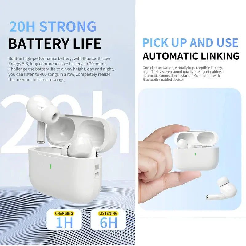 Air Pro wireless Bluetooth earbuds with charging case, white; TWS headset, HiFi sound, 20H battery life