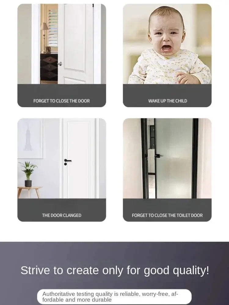Door closer stopper by Simples Market; automatic door closer hardware shown with white doors and a crying child.