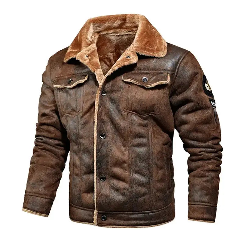 Men's leather and shearling jacket by Simples Market with fur collar, brown workwear coat.