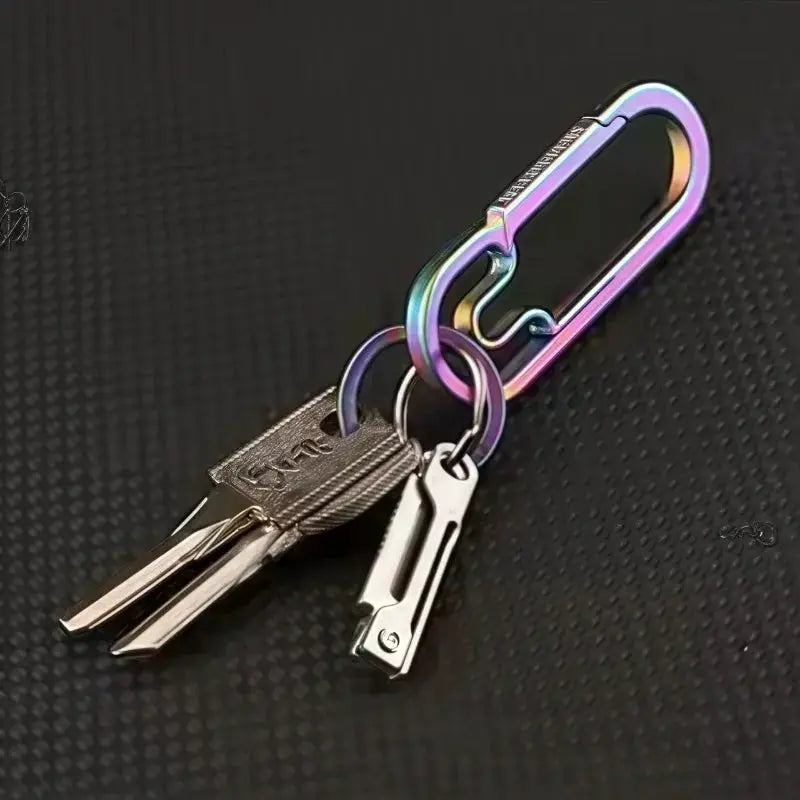 1pc stainless steel mini folding knife on rainbow carabiner keychain with multi-function tool