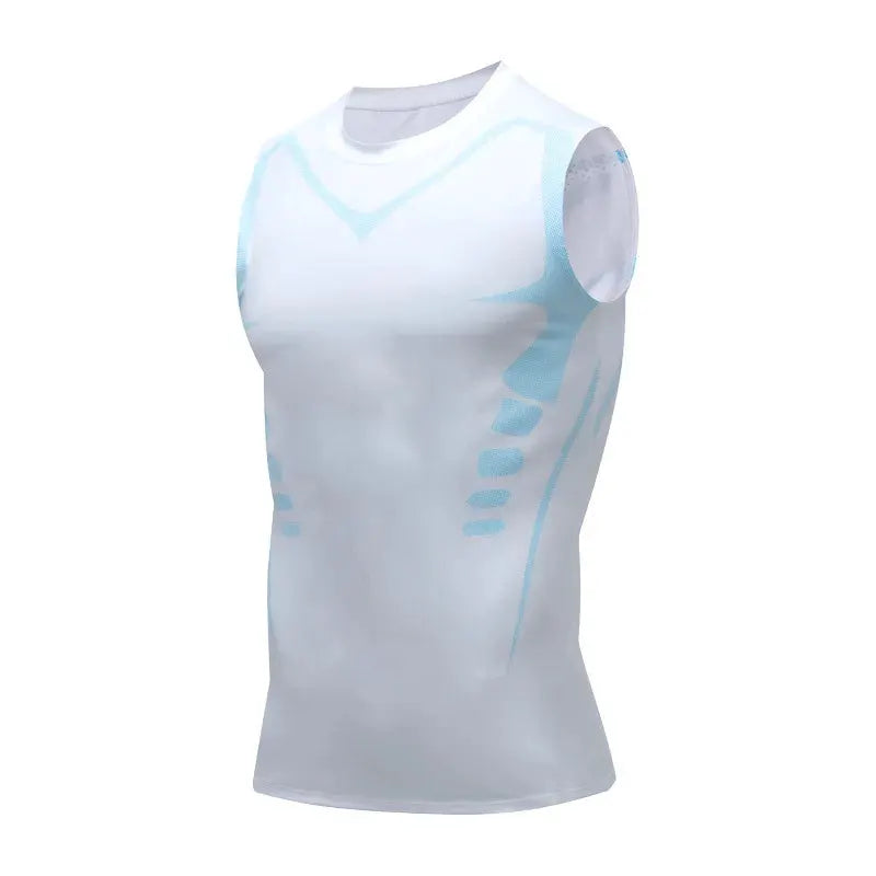 Compression Tank Top for Men, sleeveless gym shirt in white with light blue print, Simples Market