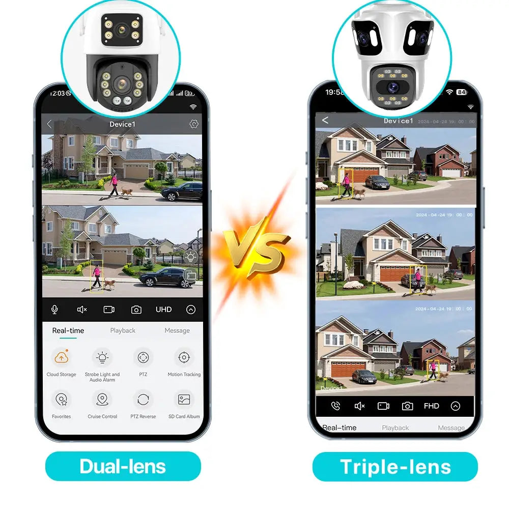 Two PTZ IP security cameras (dual- and triple-lens) in white, Simples Market, shown with mobile app feeds