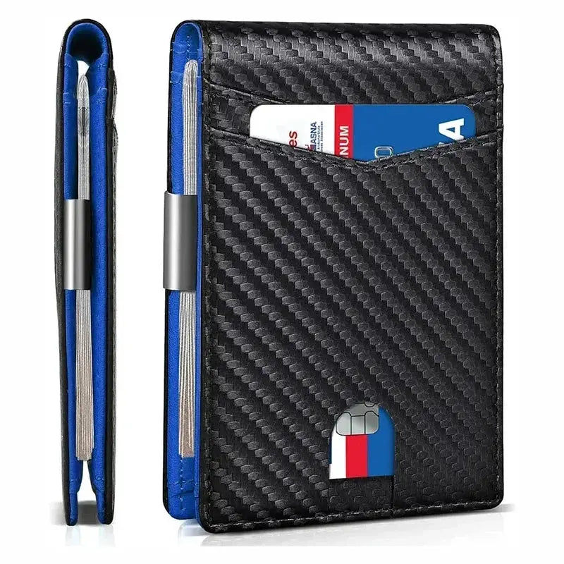 Men's RFID carbon fiber slim wallet by Simples Market with blue interior and card slots